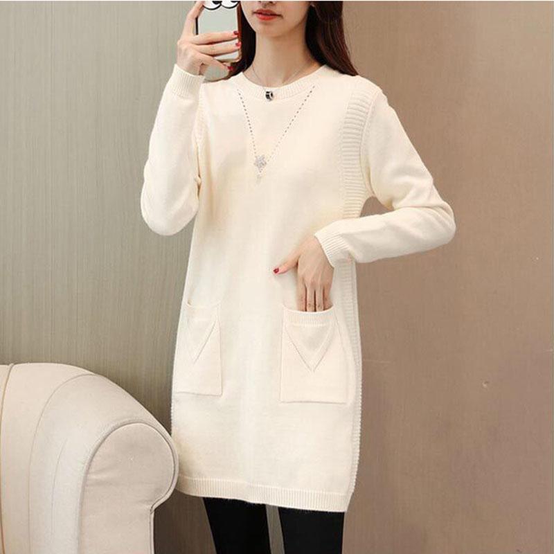 Women's Mid-length Knit Sweater  dress Winter Loose Round Neck Pullover Sweater Thick Knitwear Skirt with Pockets