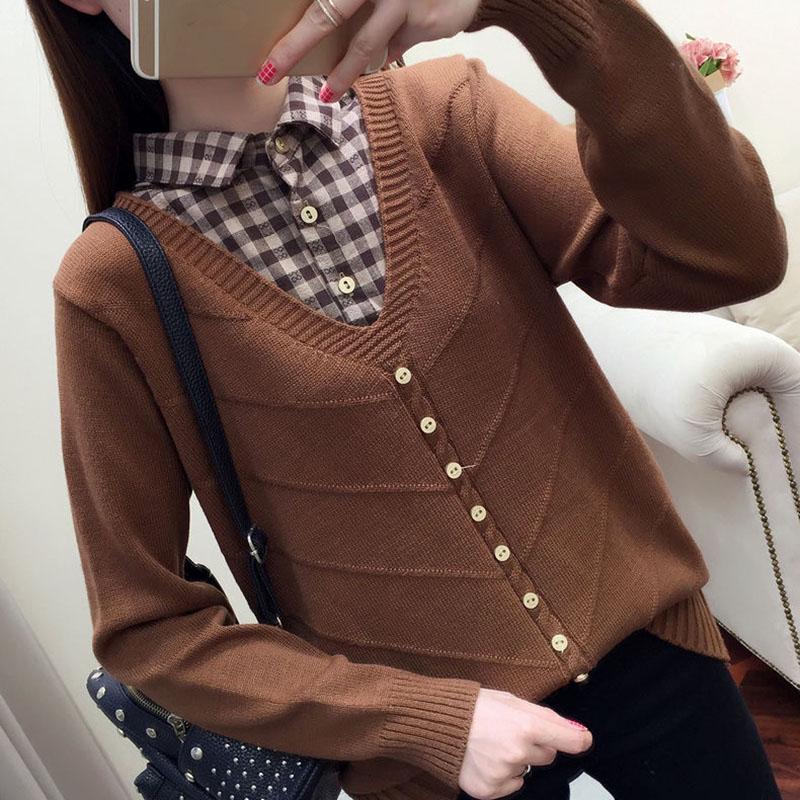 Autumn/Winter Korean Patchwork Pullover Loose Lapel Sweater Female Fake Two Piece Pullover Knitted Sweater Top