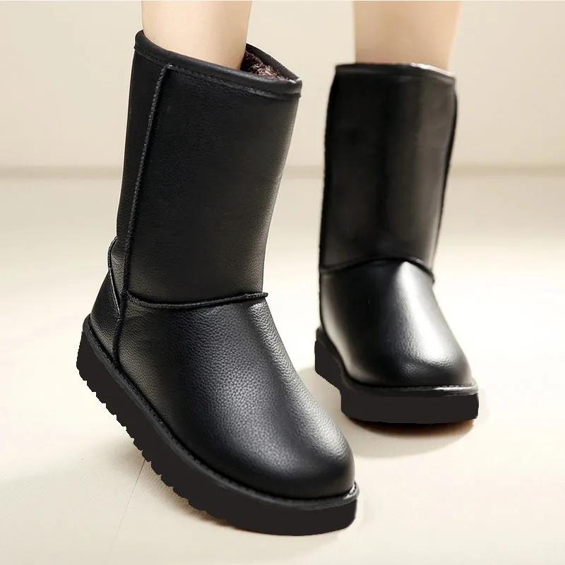 Snow Boots Women's Leather Mid-tube Korean Version Plus Velvet Non-slip Waterproof Women's Boots Cotton Shoes Winter Shoes