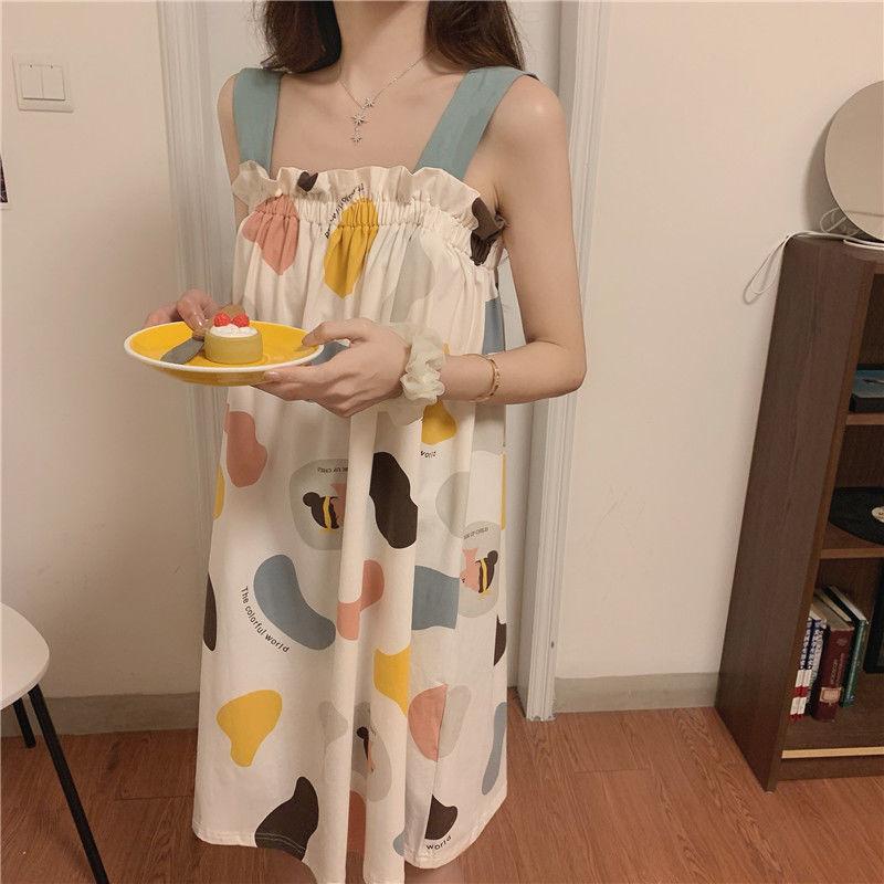 Cute Girls Women's Summer Dress Printing Knee-length Daily Wear Nightdress Pajamas