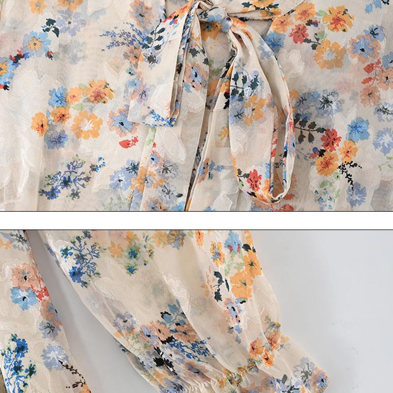 Jacquard V-neck Long-sleeved Dress Spring and Autumn Style Temperament Waist Slimming Slim Bow Long Dress Women's Fabric Light and Breathable