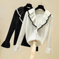 Autumn and Winter Simple V-neck Bottoming Shirt Color-blocking Ruffled Knitted Cardigan Sweet Girl Age Reduction Top
