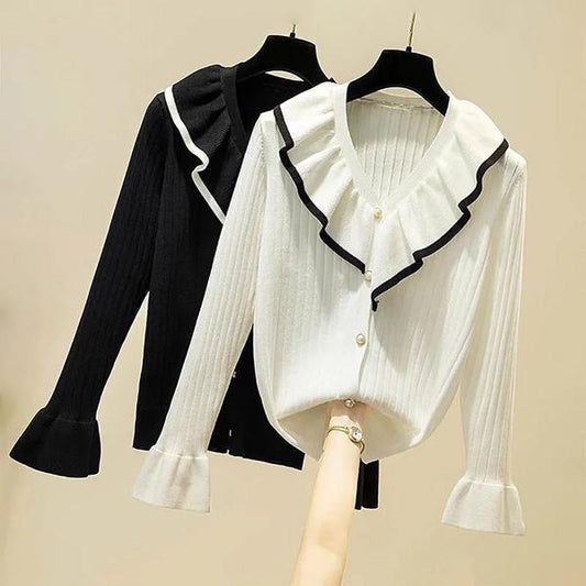 Autumn and Winter Simple V-neck Bottoming Shirt Color-blocking Ruffled Knitted Cardigan Sweet Girl Age Reduction Top