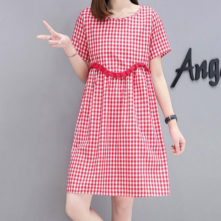 Plaid Lace Skirt S-XXXL Summer Cotton Neckline Round Short-sleeved Knee-length A-line Dress