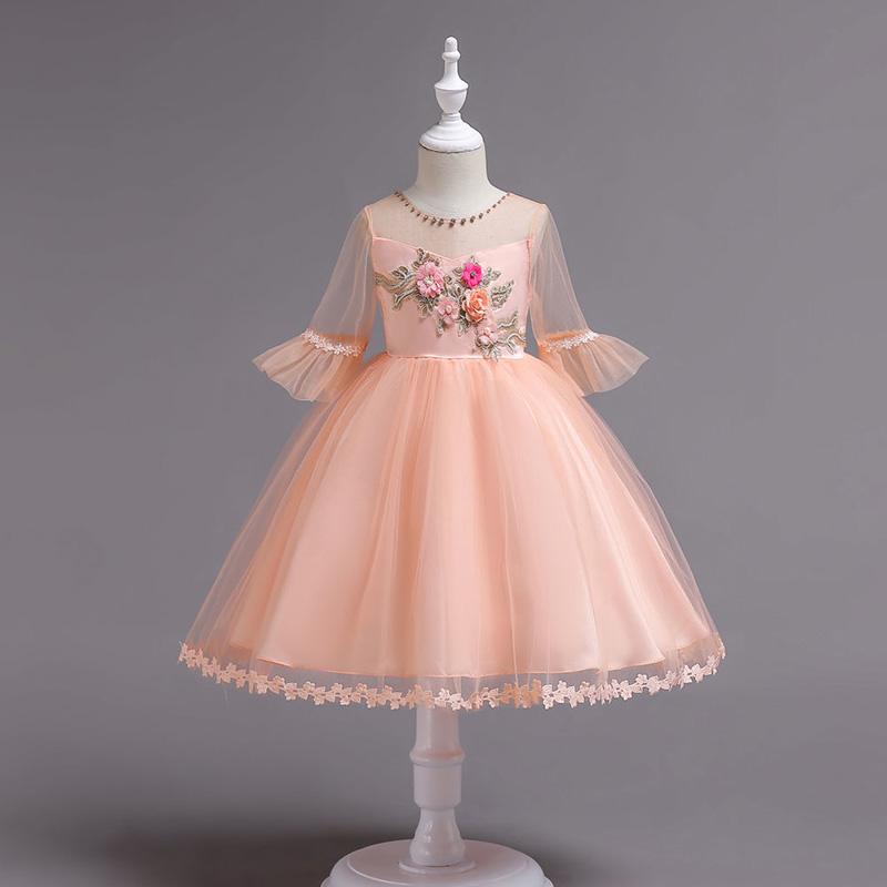 Girls' Wedding Dresses Children's Net Yarn Tutu Skirt Children's Middle-sleeved Lace Flower Girl Dress