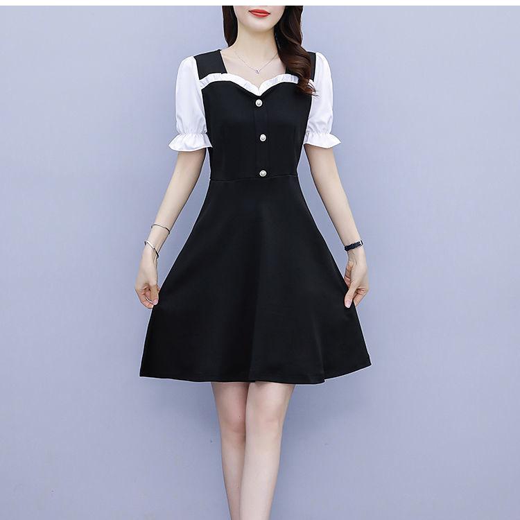 Women's High-elastic Short-sleeved Summer Fake Two-piece Waist Large Size Temperament Dress