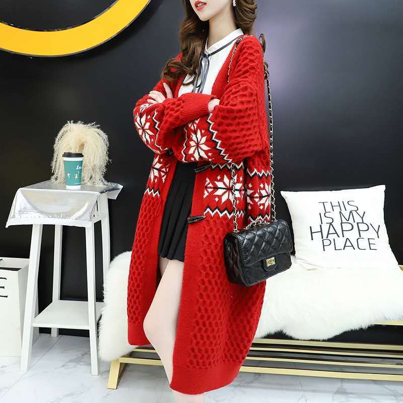 Autumn and Winter Leisure Wool Knit Sweater Loose Long Over The Knee Top Elegant Jacquard Pattern Sweater Coat