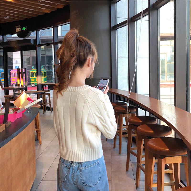 Spring and Autumn Loose Knitted Sweater Long Sleeve Pullover Casual Jacket Short Pure Color Women's Top