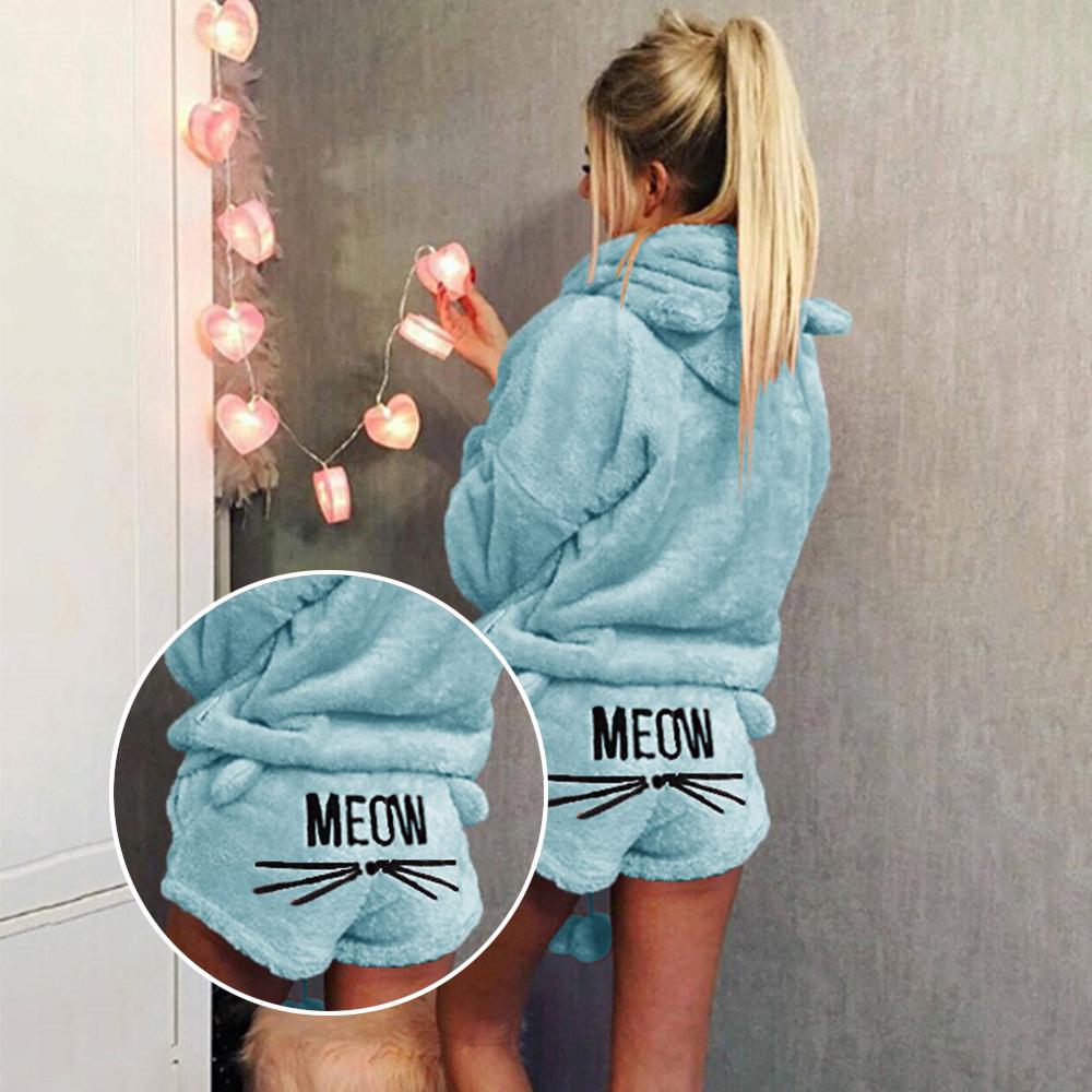 Women Fashion Warm Cute Cat Two Piece Hoodie Sleepwear Winter Pajamas Set Plus Size