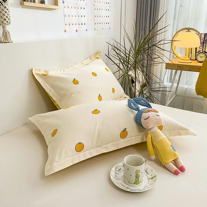 Two-piece Cotton Pillowcase Cute Cartoon Printing Pillowcase for Bedroom Double Pillowcase