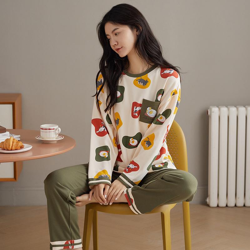 Cotton Pajamas Set for Women Long Sleeve Pyjamas Suit Spring Autumn Sleepwear Casual Loose Home Wear Pullover Round Neck Nightwear Cute Tops and Pants