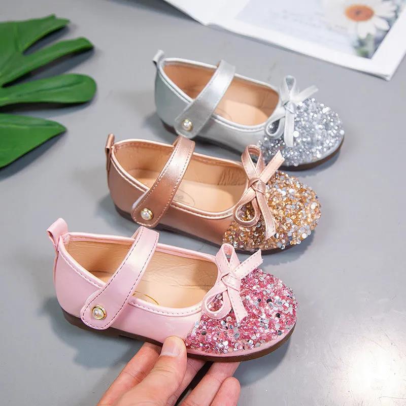 Girls' Leather Shoes Spring and Autumn Non-slip Soft Sole Children's Single Shoes Baby Peas Shoes Crystal Girl Princess Shoes