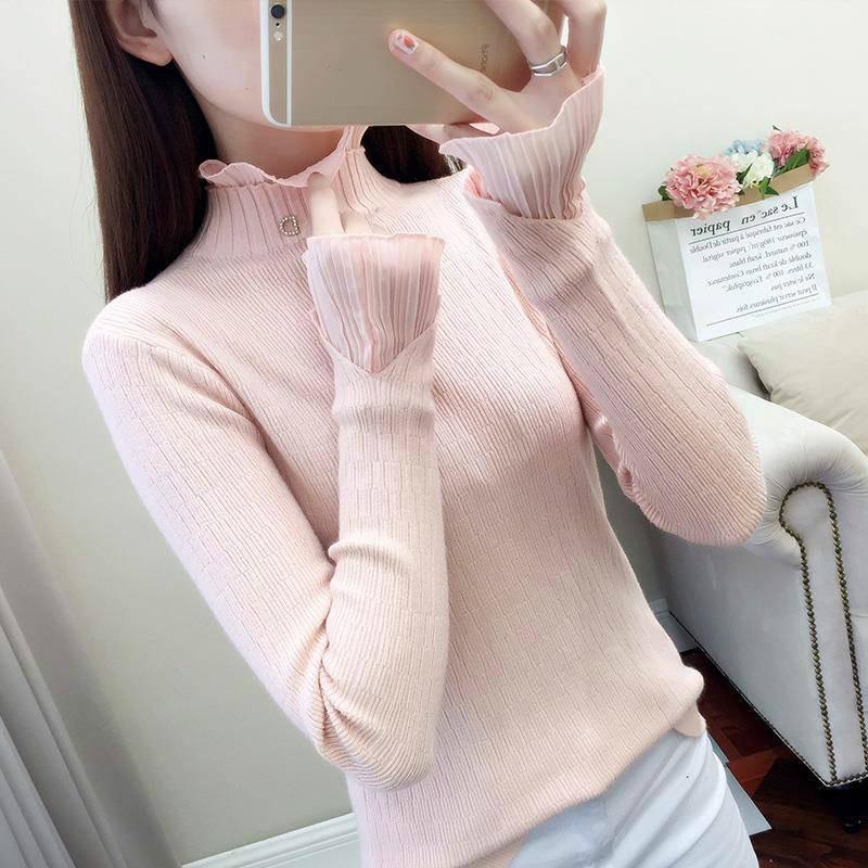Pofulove Half Turtleneck Pullover Sweater Women's Autumn Winter Lace Bottoming Shirt Knitted Lady