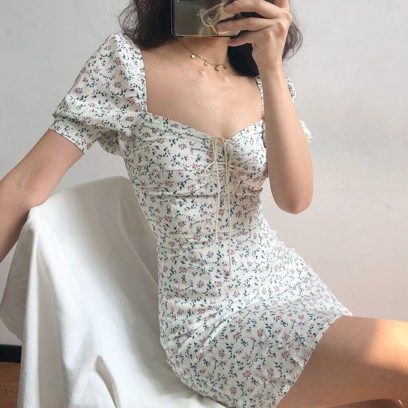 Spring Summer Chiffon Floral Short Skirt Women French Style Retro Square Neck Lace Puff Sleeve Waist Dress Boho