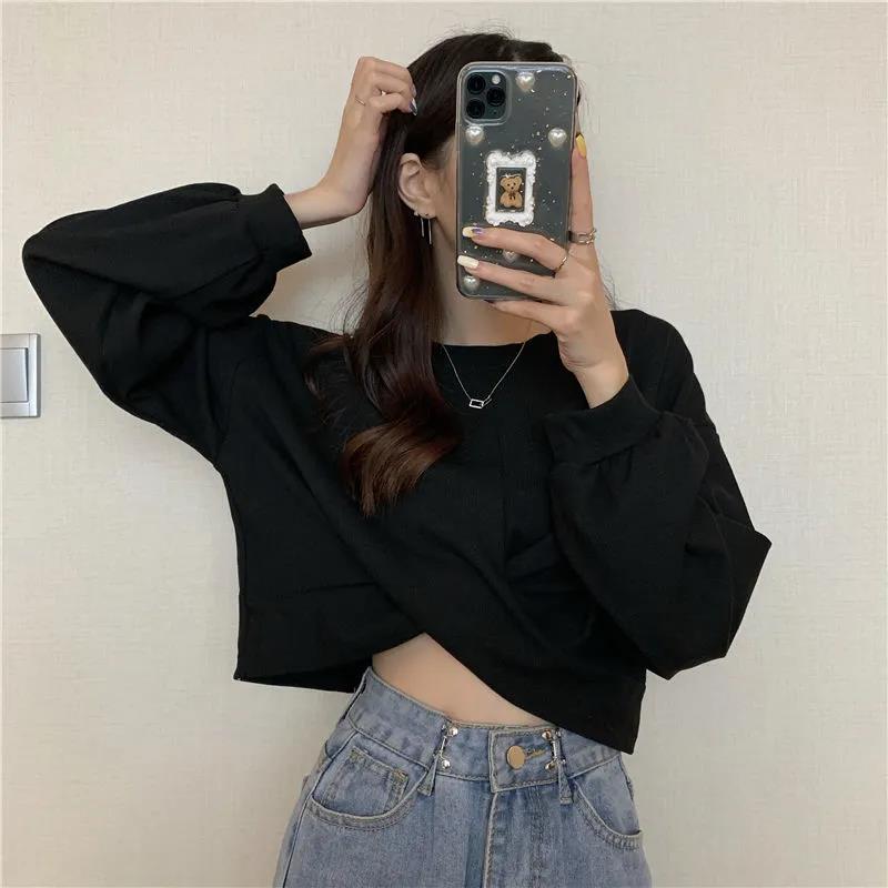 Spring and Autumn Girls' Hooded Sweatshirts Design Short Tops Cross Solid Color Long-sleeved Sweater Women