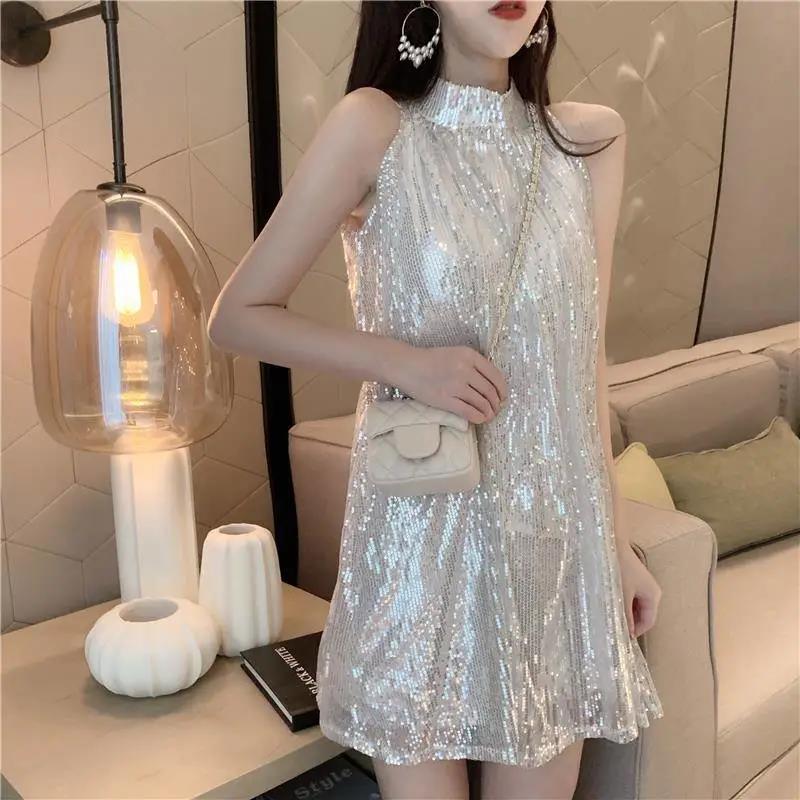 Tutu Sequins Shiny  Women's Summer Vest Dress Sleeveless Round Neck Knee-length Daily Wear Home Dating Party