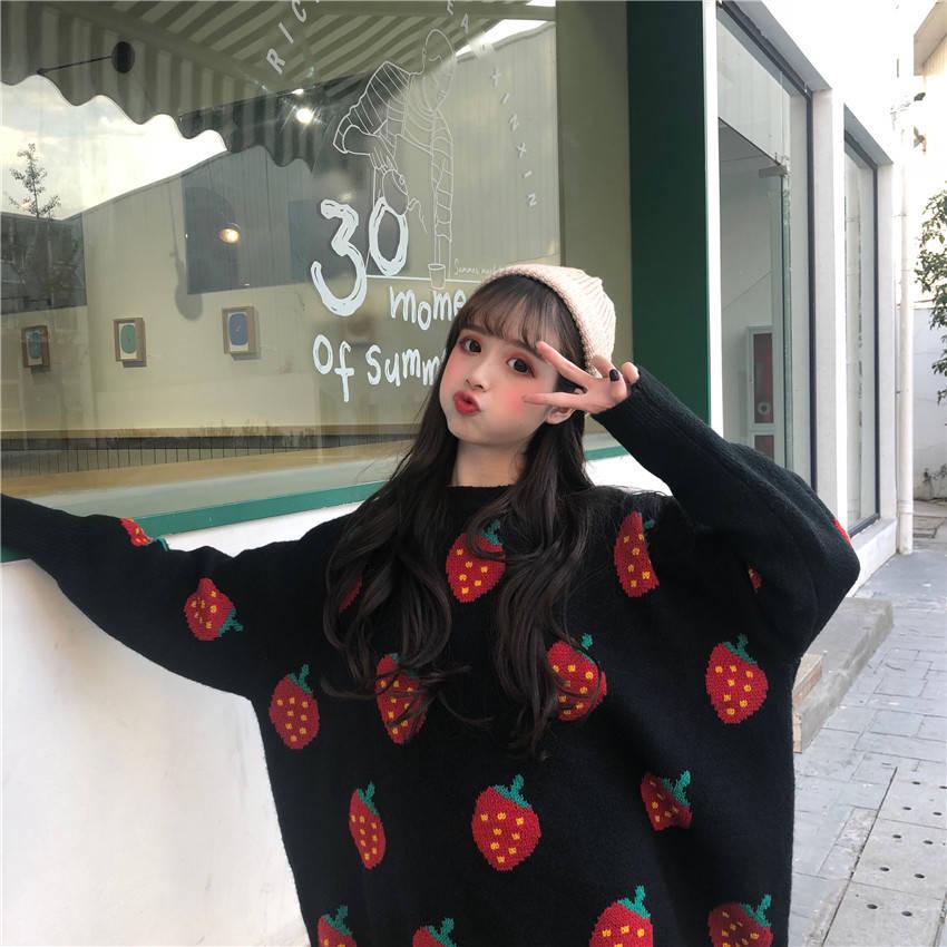 Loose Cute Strawberry Pattern Sweater Girl Round Neck Pullover Knitted Long Sleeved Sweater