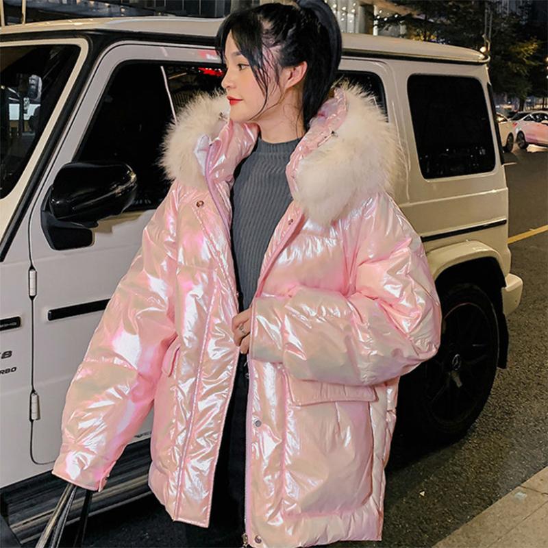 Women's Glossy Loose Down Jacket Mid-length Korean Thick Coat Warm Cotton Coat with Big Fur Collar Winter Quilted Jacket