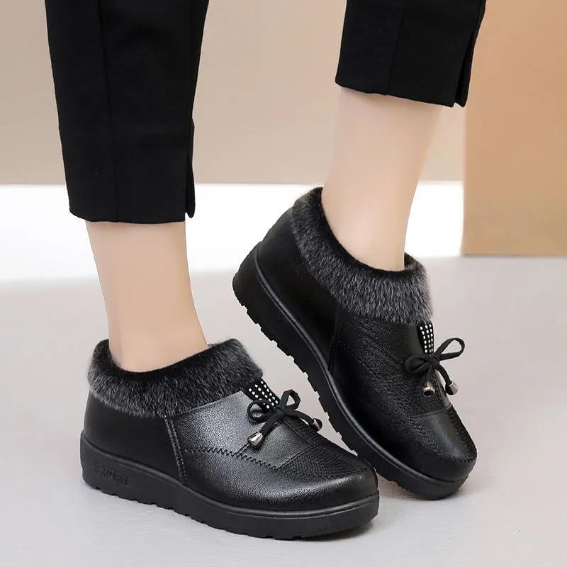 Winter Plus Velvet Warm Women's Cotton Shoes Soft Sole Thickened Waterproof Non-slip Leather Boots