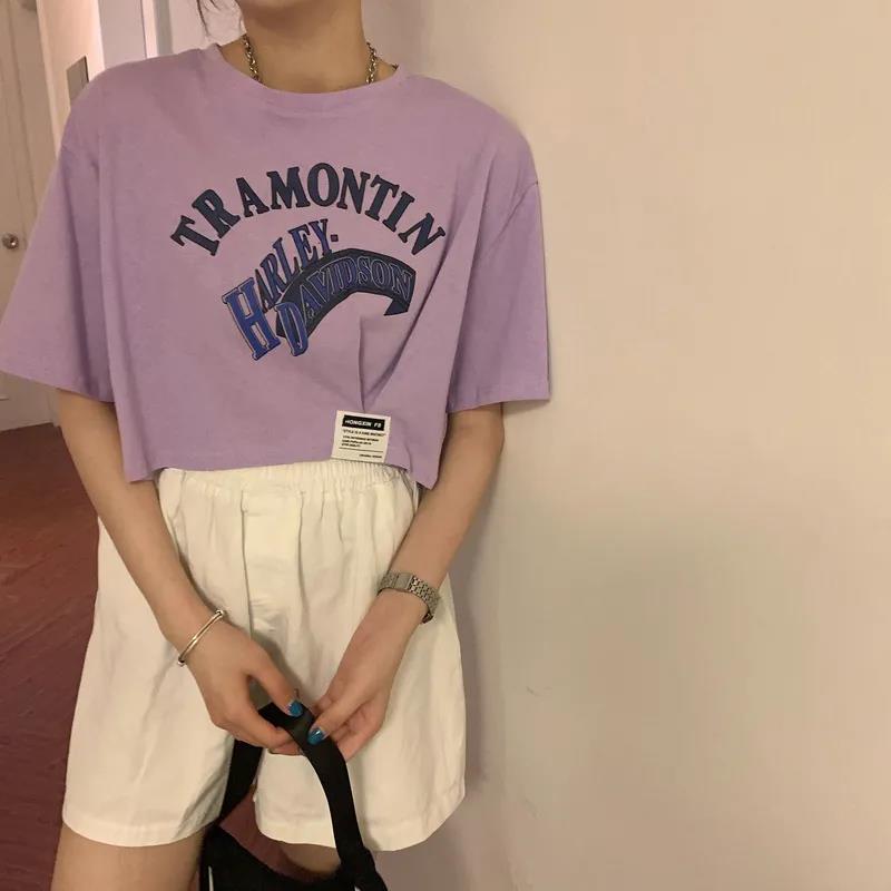 Women's Fashion Round Neck Digital Printing Half Sleeve Asymmetry Short T-shirt