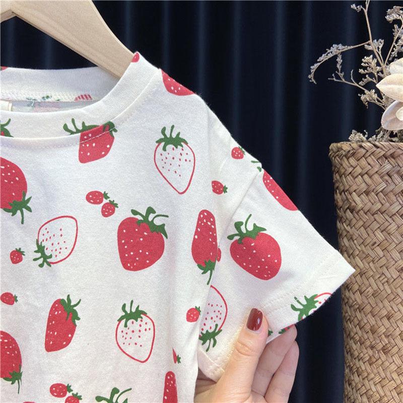 Children's Clothing Girls Summer Two-piece Denim Shorts + Girl Baby Half-sleeved T-shirt Sweet Strawberry Top