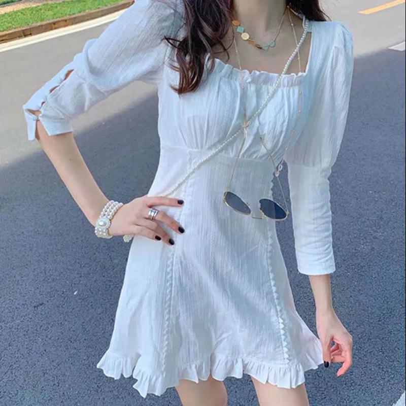 White Sexy Women's Summer Dress Ruffle Knee-length Daily Wear Office Dating Party