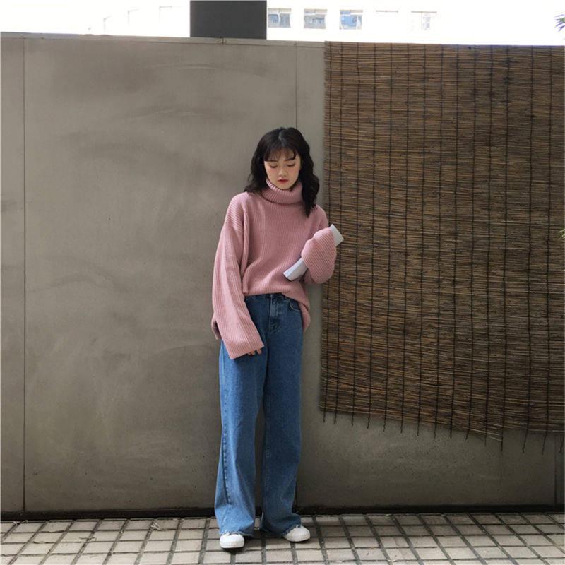 Pofulove Autumn Winter Thick Turtleneck Sweater Women Students Loose Solid Color Long-sleeved Coat