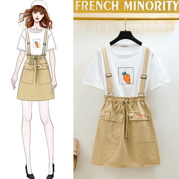 Skirt Suit Women Printed T-shirt Strap Skirt Two-piece Loosestrap Skirt Summer T-shirt Set