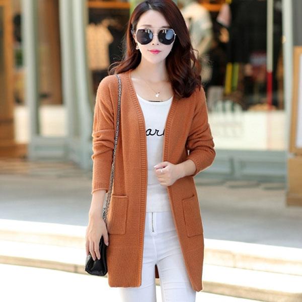 Spring and Autumn Wear Knitted Sweater Cardigan Fashion Slim Jacket Women's Mid-length Simple Solid Color Women's Top