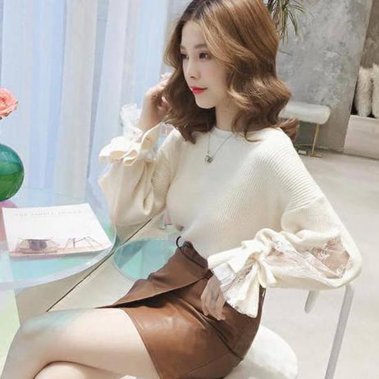 Women Charm Crew Neck Lace Bow Cuffs Base Knitwear Skin-friendly Loose Girly Jumper Sweater