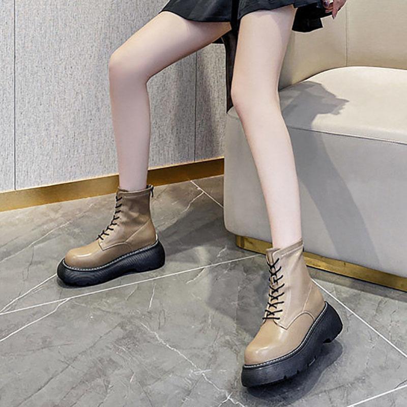 Autumn and Winter Leather Sponge Cake Thick-soled Martin Boots Thin Single Boots Heightening Short Boots All-match