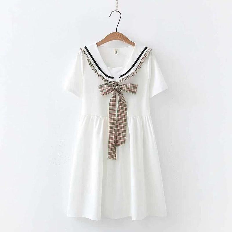 Solid Color Sailor Collar Navy Dress Sweet Bow-knot Girl Retro Style Student Girls Knee-length Dress