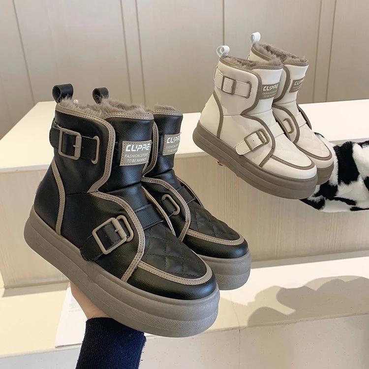 Platform Boots Women Winter Plush Warm Snow Boots with Fur Black White Leather Ankle Booties Chunky Boots Fashion Shoes