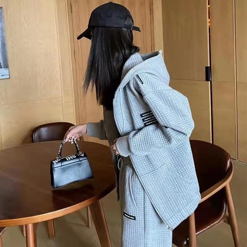 Waffle Hooded Jacket + Leggings Pants Two-piece Sports Leisure Spring and Autumn Thin Sweater Suit Cardigans for Women Girls Athletic Clothing