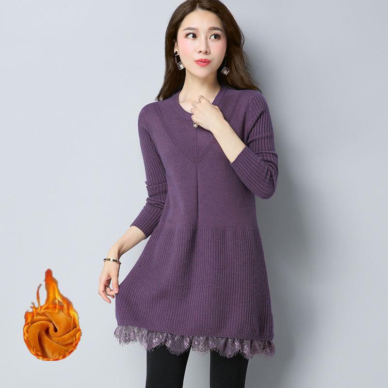 Plus Thick Autumn and Winter Sweater Women Loose and Warm Mid-length Bottoming Shirt Round Neck Knitted Lace Sweater Dress
