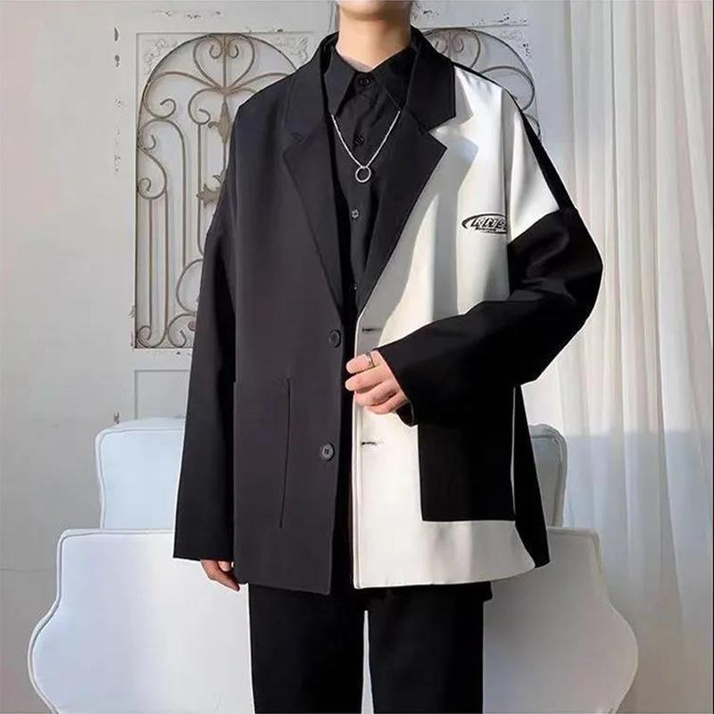 High-quality Contrast Color Stitching British Style Suit Men's Autumn Casual Loose Suit Jacket Long-sleeved Warm Mid-length Windbreaker