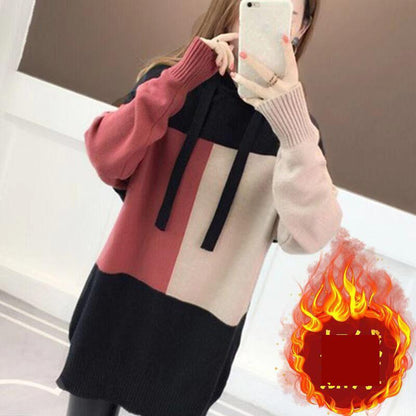 Outer Wear and Inner Wear Hooded Sweater Autumn and Winter Plus Velvet Thickening Student Fashion Trend Loose Knit Color Matching Pullover Women