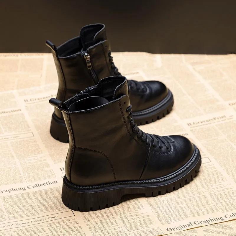 Retro Brown Martin Boots Women Autumn and Spring British Style Leather All-match Thick-soled Short Boots Women Single Shoes Waterproof Boots