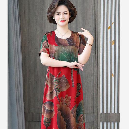 Large Short-sleeved Dress Middle-aged and Elderly Mothers Summer Mid-length Round Neck Print Loose Belly Cover