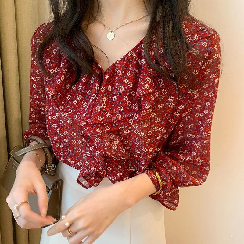 Floral V-neck Wood Ear Edge Trumpet Sleeve Seven Sleeve Chiffon Shirt, Women's Summer Korean Loose Top Trend