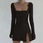 Female Split Tight Knit Elegant Casual Dress Square Neck Simple Vintage Versatile Short Dress