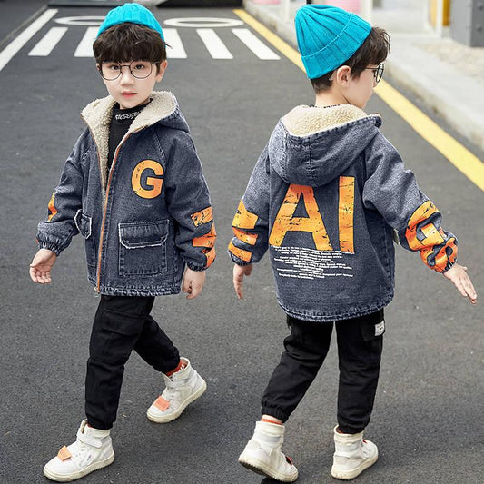 Warm Clothing Children's Jacket Thickening Plus Velvet Jacket Boy Hooded Jacket Boy Warm Jacket