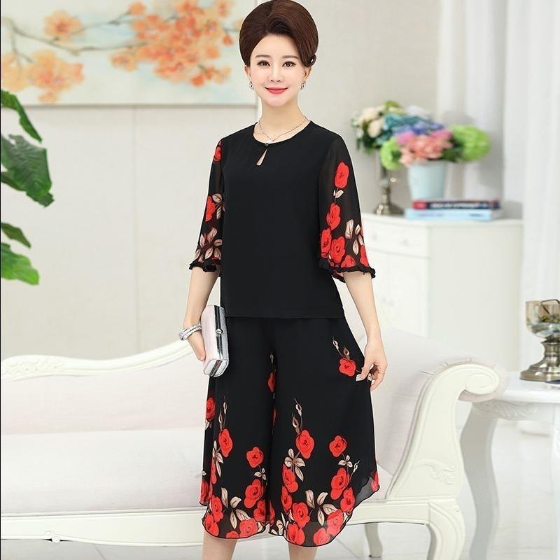 WTEMPO Women's Plus Size 2pcs Chiffon Shirt Pants Suit  Spring and Summer Bat Sleeve Loose Casual Two-piece Set