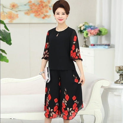 WTEMPO Women's Plus Size 2pcs Chiffon Shirt Pants Suit  Spring and Summer Bat Sleeve Loose Casual Two-piece Set