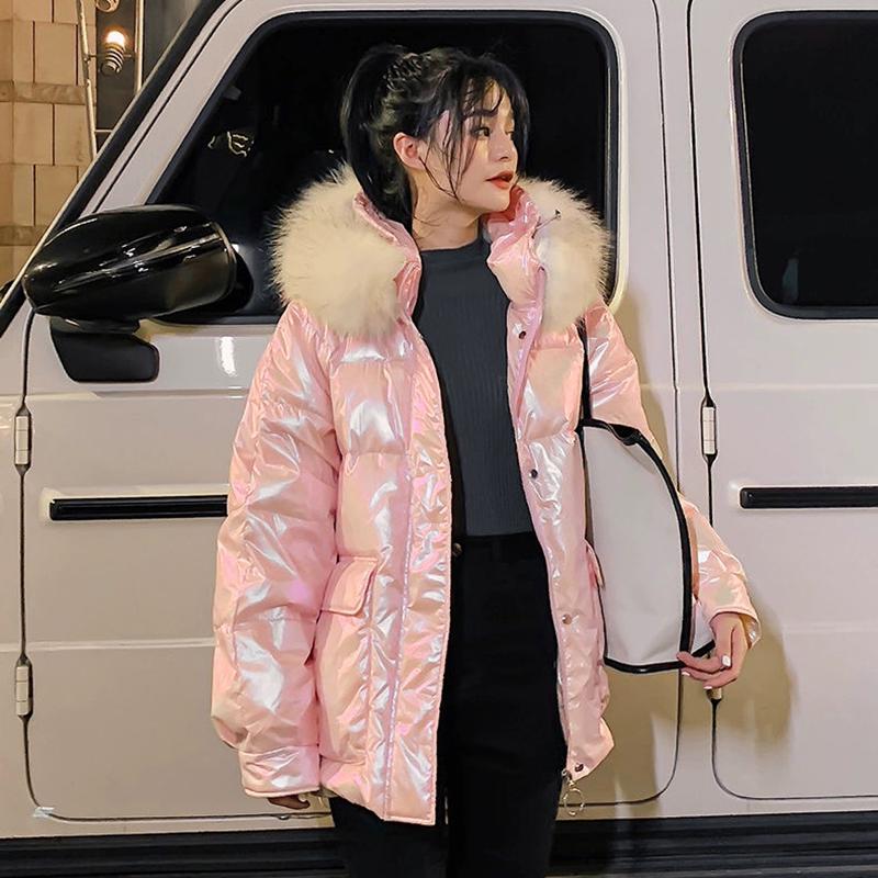 Women's Glossy Loose Down Jacket Mid-length Korean Thick Coat Warm Cotton Coat with Big Fur Collar Winter Quilted Jacket