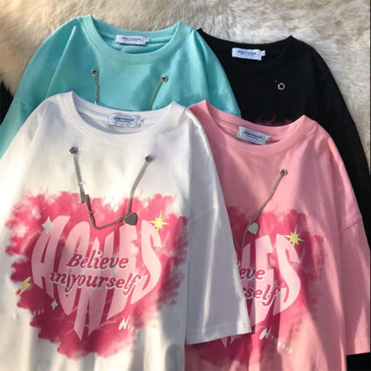 Necklace Short-sleeved Women's Trendy Design Sense Niche Students Korean Version of The Loose T-shirt Women's Ins Wind Salt Top