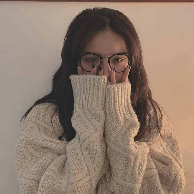 Pofulove Solid Color Thick Turtleneck Sweater Female Students Autumn Winter Lazy Wind Loose Twist Knitted Jacket Pullover