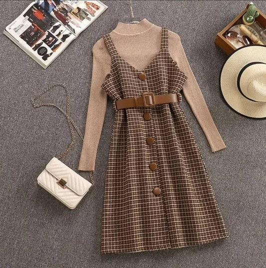 Cottagecore Cute 2 Piece Cozy Sweater Plaid Wool Dress, Dark Academia Clothing, Fall Dress, Y2K Kawaii Lolita Plus Size Cottage Core Dress