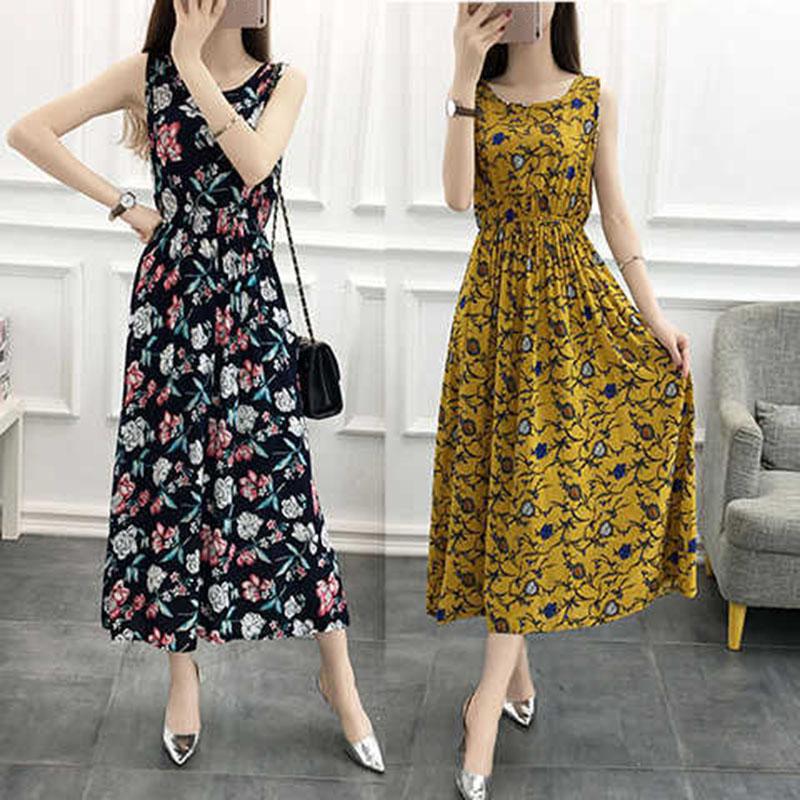 Fashion Boho Summer Cotton Floral Dress Female Vacationer Beach Large Size Printed Sleeveless Dress