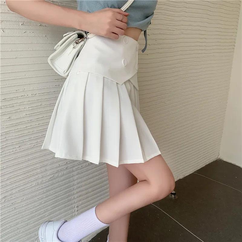 Women's Summer Pleated Skirts Button Design Irregular High Waist Slim A-line Skirts Safety Pants Lining Mini Skirts All Match Casual Tennis Skirt